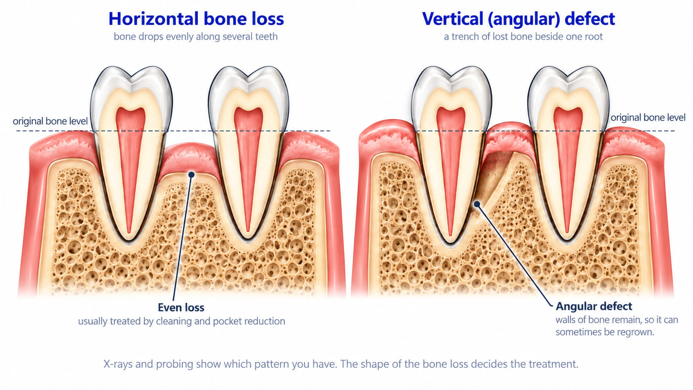 Two pairs of teeth. On the left the bone has dropped evenly below the original level along both teeth. On the right the bone is at its original level except for a V-shaped trench beside one root, an angular defect whose remaining bone walls can sometimes support regeneration.