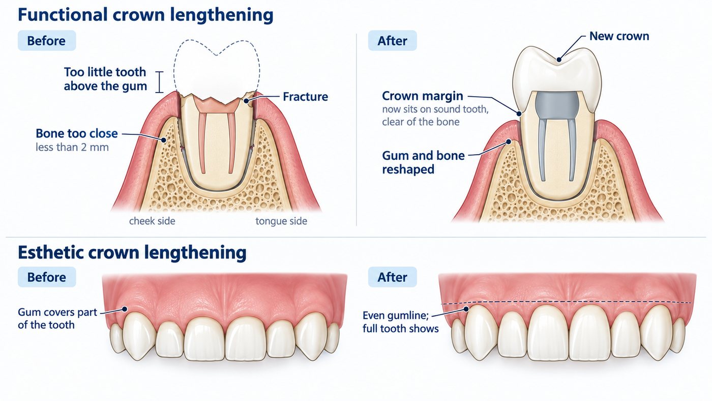 Before and after esthetic crown lengthening: gum covering the upper part of the front teeth, then a higher, even gumline showing the full teeth