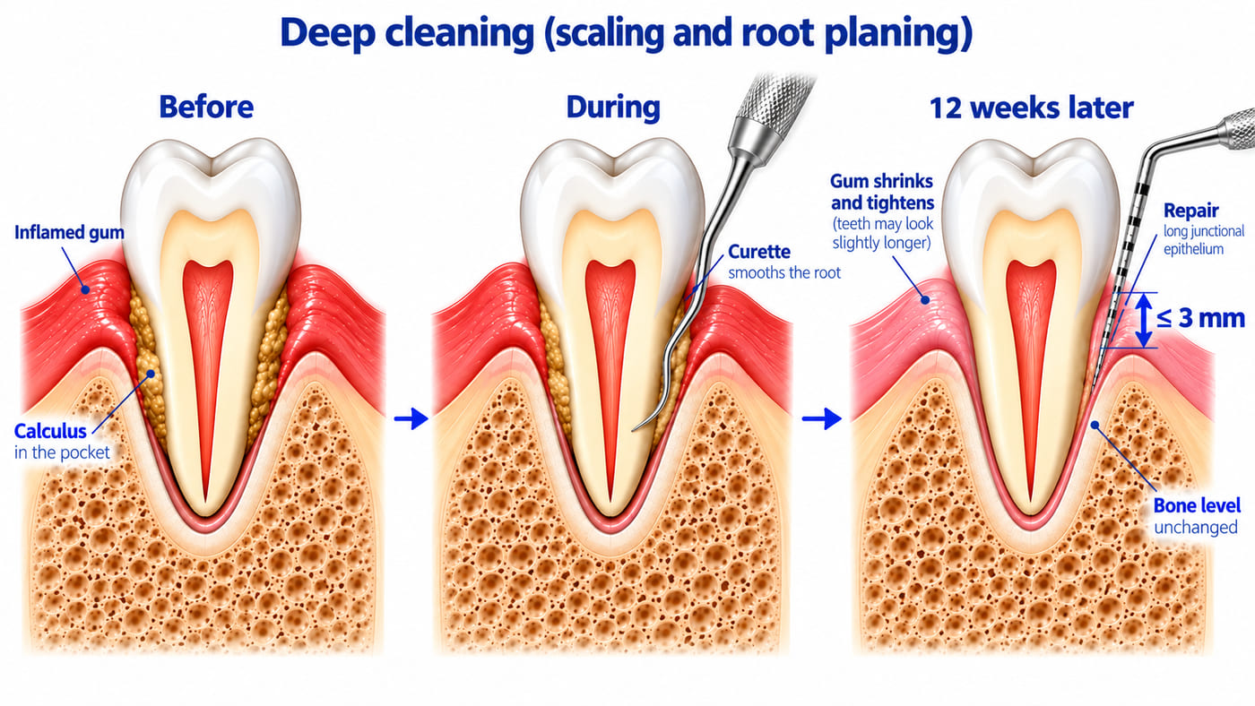 Three views of one tooth. Before, calculus sits in a deep pocket with an inflamed gum. During, a curette cleans and smooths the root below the gum. Twelve weeks later the gum has shrunk and tightened to a pocket of 3 mm or less, healed by a long junctional epithelium, while the bone level is unchanged.
