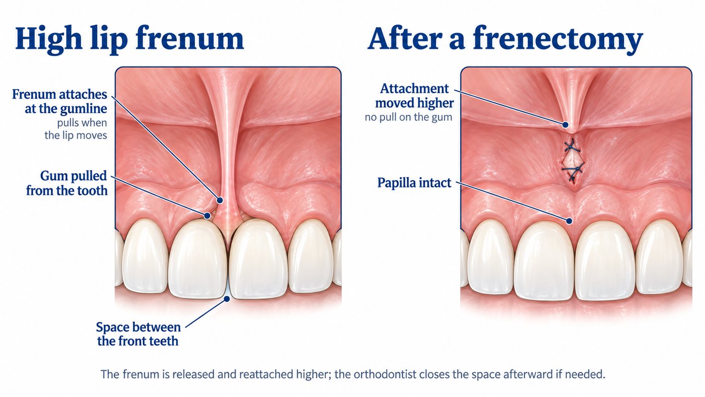 A high lip frenum attaching at the gumline between the front teeth and pulling the gum, then the same view after the frenum is released and reattached higher