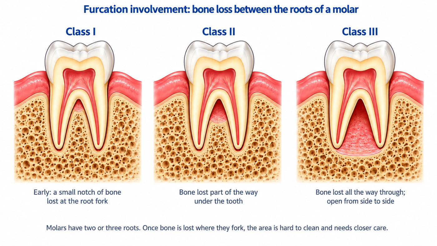 Three lower molars in cross-section. Class I shows a small notch of bone lost where the roots fork. Class II shows bone lost part of the way under the tooth. Class III shows bone lost all the way through, so the space between the roots is open from one side to the other.