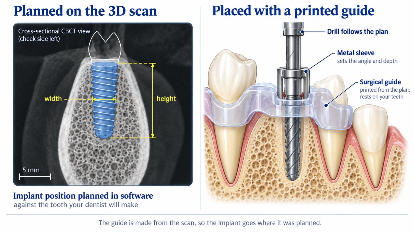 The implant position planned on a 3D scan on screen, and a printed surgical guide seated on the teeth with a metal sleeve directing the drill at the planned angle
