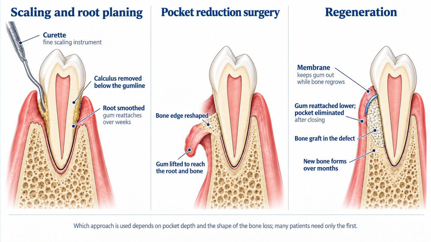 Three cross-sections: a curette removing calculus below the gumline, the gum lifted as a flap with the bone edge reshaped and the pocket eliminated, and a bone defect filled with graft under a membrane