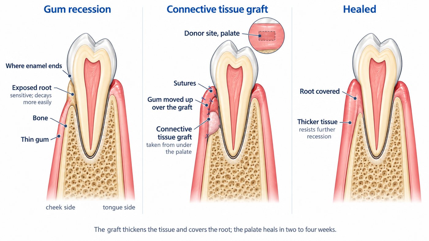 A receded gum exposing the darker root of a lower tooth, and the same tooth after a graft with the root covered and the tissue thicker