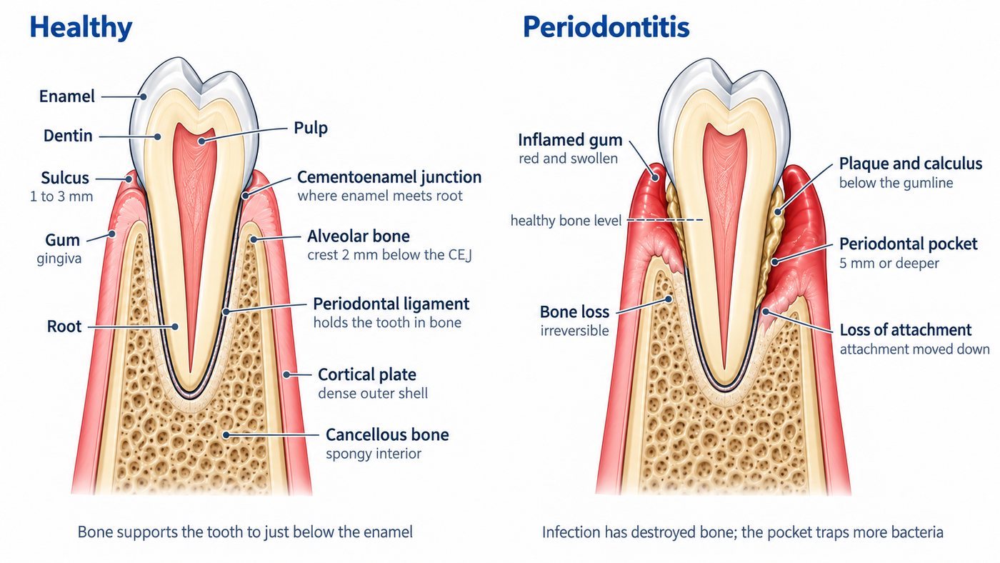 Cross-sections of a tooth with healthy gum and bone beside the same tooth with periodontitis: inflamed gum, a deep pocket with plaque and calculus on the root, and bone lost below the healthy level