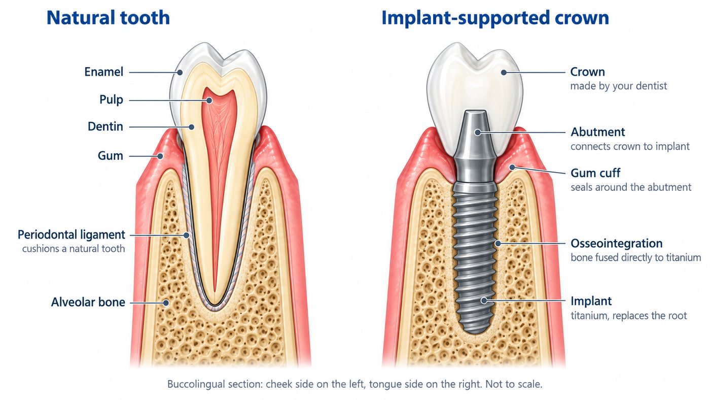 Cross-section showing a natural tooth beside an implant tooth: the titanium implant in the jawbone, the abutment through the gum, and the crown on top