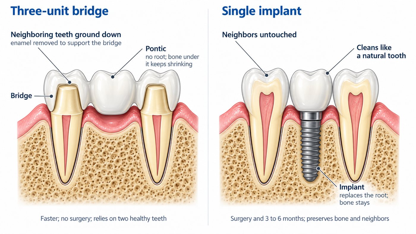 A three-unit bridge beside a single implant replacing one missing tooth