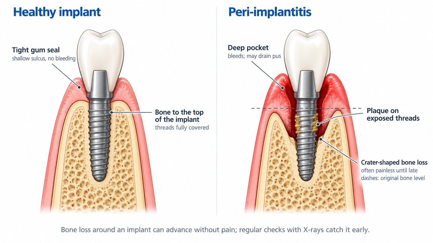 A healthy implant with bone up to its platform and a tight gum seal, beside an implant with peri-implantitis: plaque on exposed threads, a deep pocket, and crater-shaped bone loss below the original level