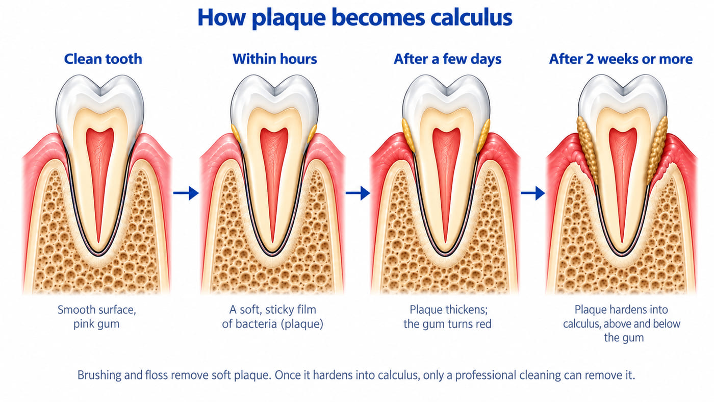 Four views of the same tooth at the gumline: clean; a thin film of plaque within hours; thicker plaque and red gum after a few days; and after two weeks or more, hard calculus above and below the gum.