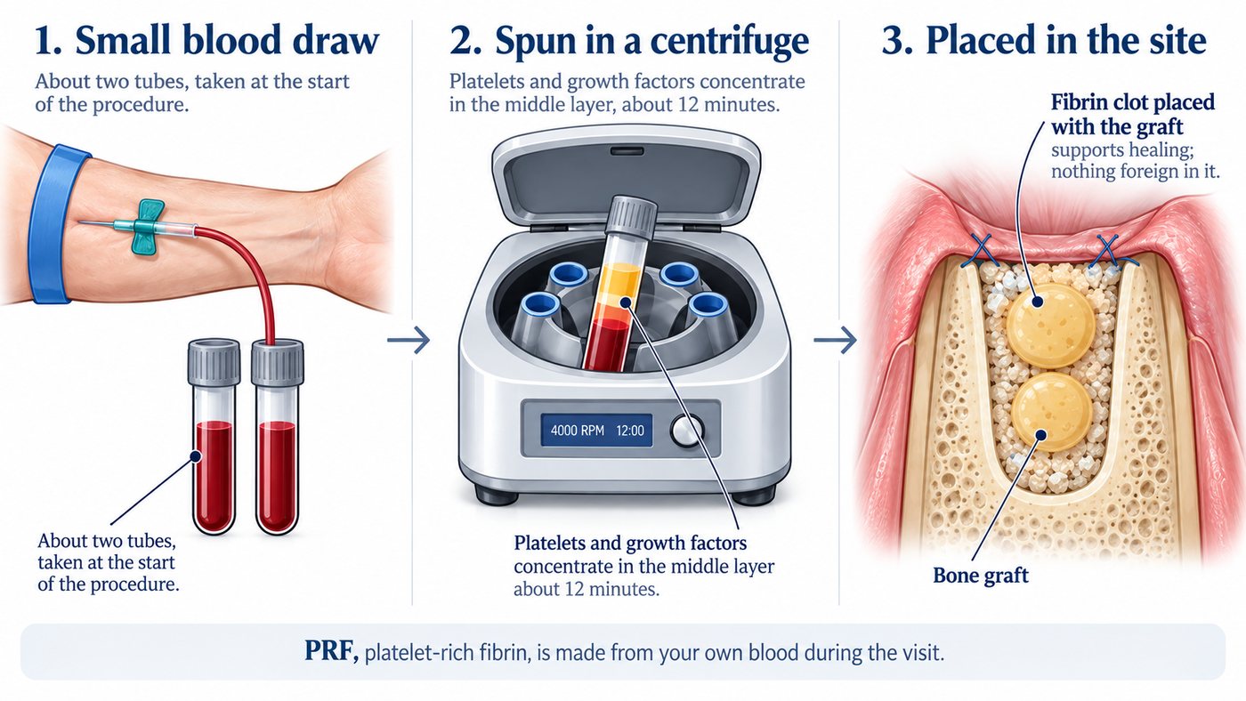 Three steps: a small blood draw into a tube, the tube spun in a centrifuge so a fibrin clot forms in the middle layer, and the clot placed into a graft site under a membrane