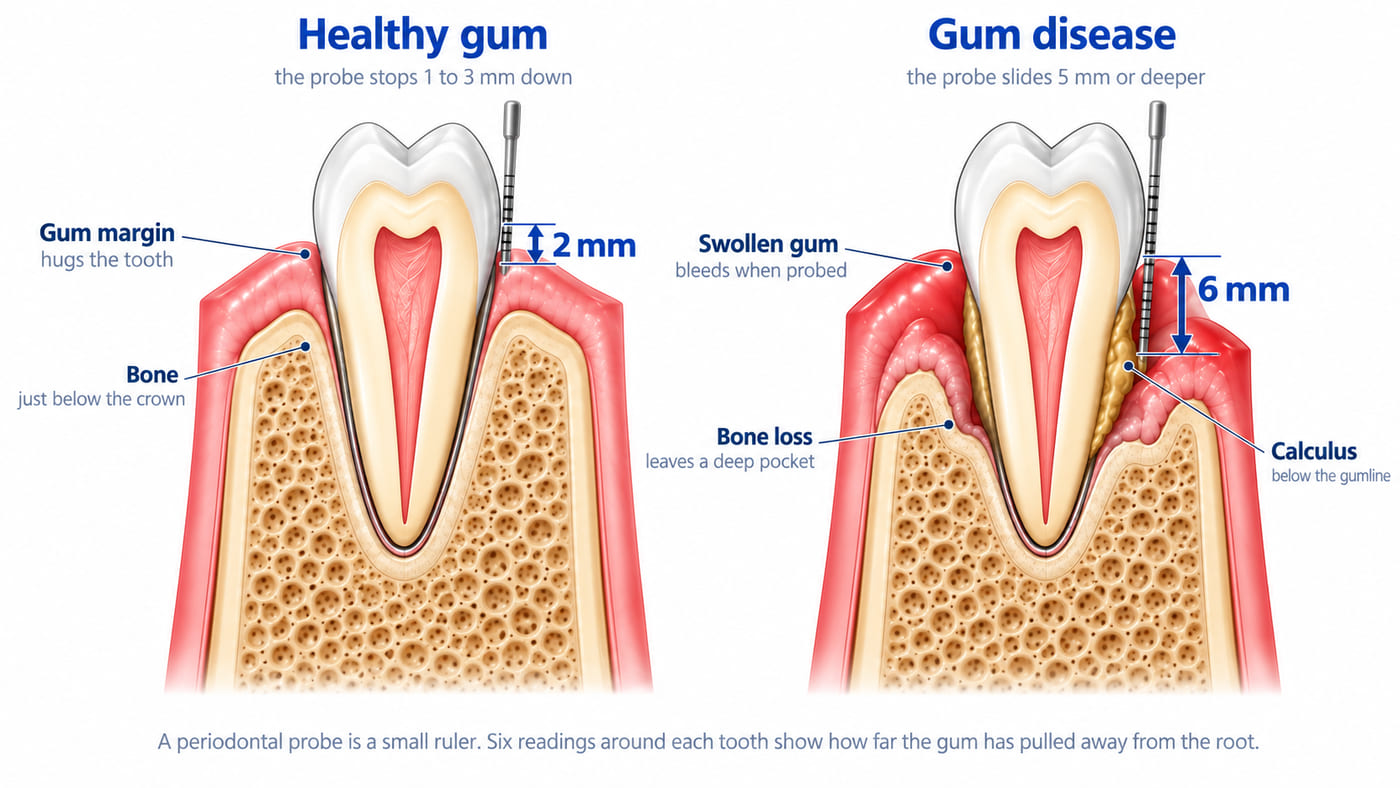 Two teeth in cross-section with a millimeter probe beside each root. On the healthy side the probe stops 2 mm below the gum margin, with bone close to the crown; with gum disease the swollen gum lets the probe slide 6 mm down past calculus to where bone has been lost.