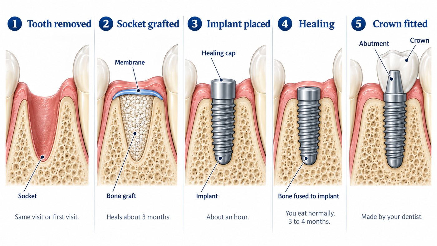 Five stages of a single dental implant from extraction to crown