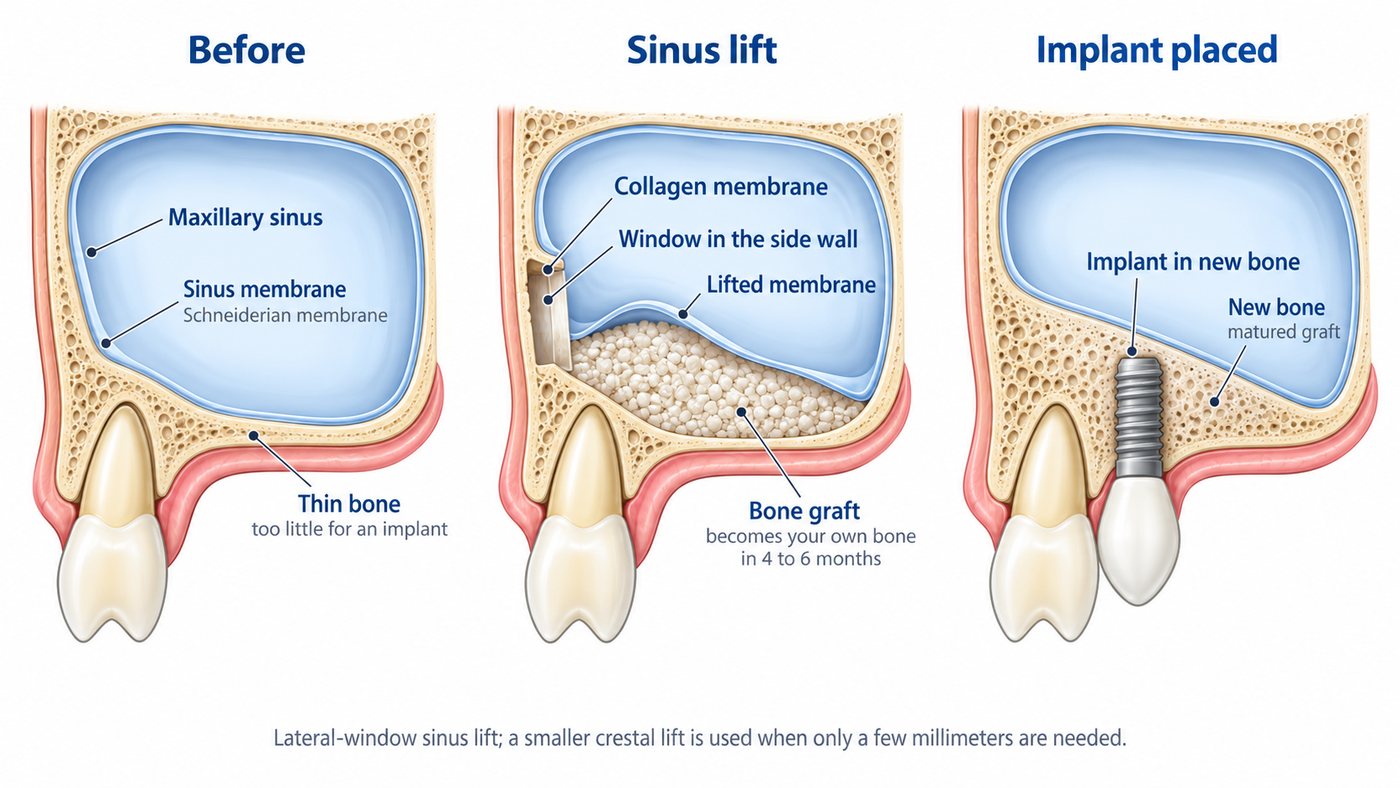Before and after a sinus lift: the sinus sits low over a thin layer of bone, then graft material has raised the sinus floor and an implant sits in the new bone