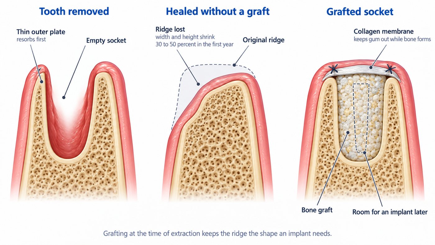 Three cross-sections: an empty socket after extraction, a ridge that has shrunk after healing without a graft, and a grafted socket covered by a membrane that keeps its shape