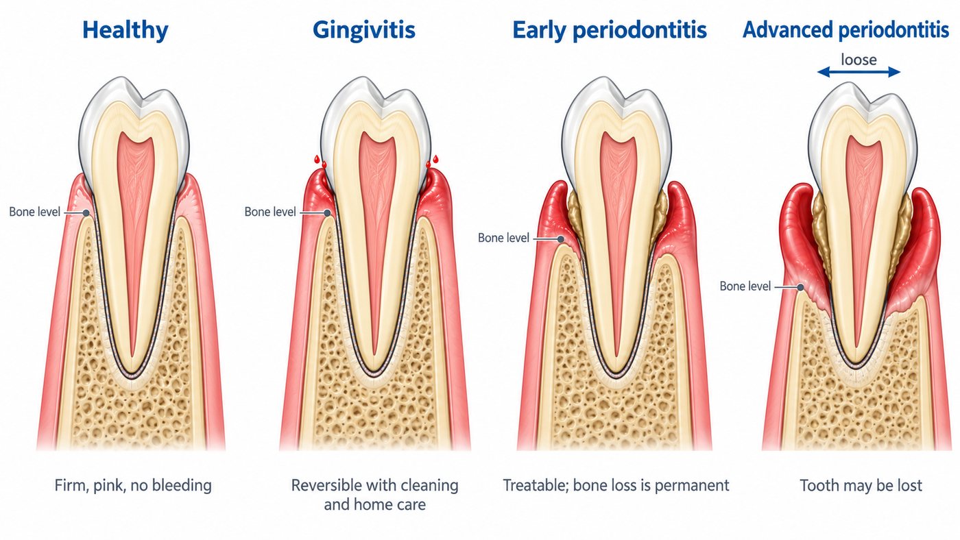 Four stages side by side: healthy, gingivitis with a red bleeding gum margin, early periodontitis with a pocket and first bone loss, and advanced periodontitis with deep pockets, calculus, and a loose tooth